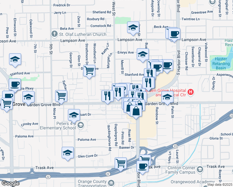 map of restaurants, bars, coffee shops, grocery stores, and more near 12922 West Street in Garden Grove