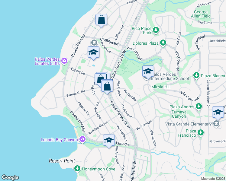 map of restaurants, bars, coffee shops, grocery stores, and more near 2301 Vía Rivera in Palos Verdes Estates