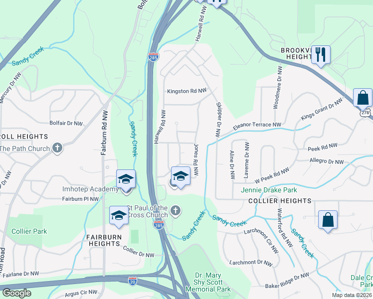 map of restaurants, bars, coffee shops, grocery stores, and more near 3229 Vanderbilt Lane Northwest in Atlanta