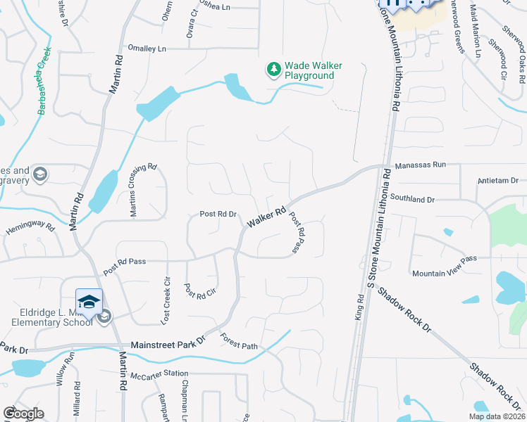 map of restaurants, bars, coffee shops, grocery stores, and more near 711 Kingsgate Ridge in Stone Mountain