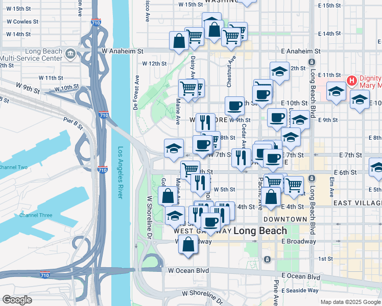 map of restaurants, bars, coffee shops, grocery stores, and more near 609 West 7th Street in Long Beach