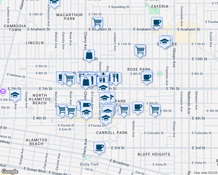 map of restaurants, bars, coffee shops, grocery stores, and more near 2301 East 7th Street in Long Beach
