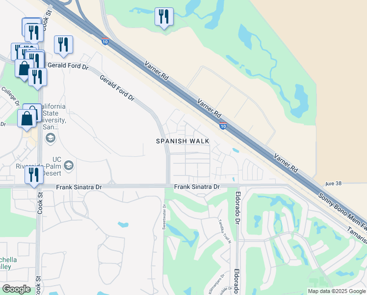map of restaurants, bars, coffee shops, grocery stores, and more near 345 Paseo Gusto in Palm Desert