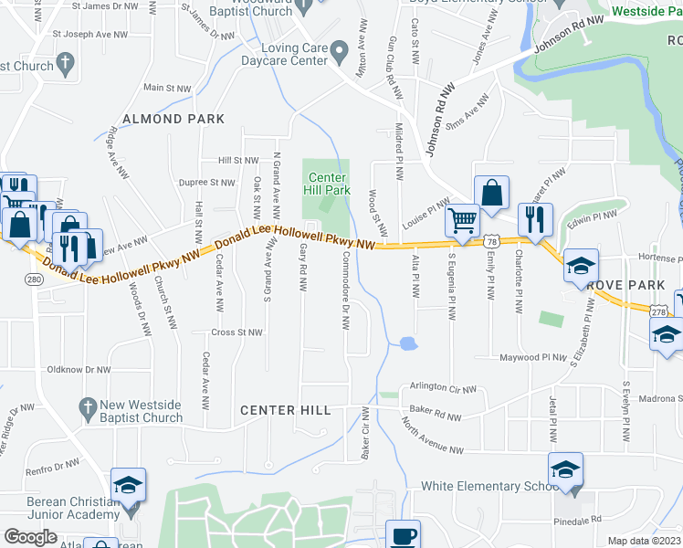 map of restaurants, bars, coffee shops, grocery stores, and more near 852 Commodore Drive Northwest in Atlanta