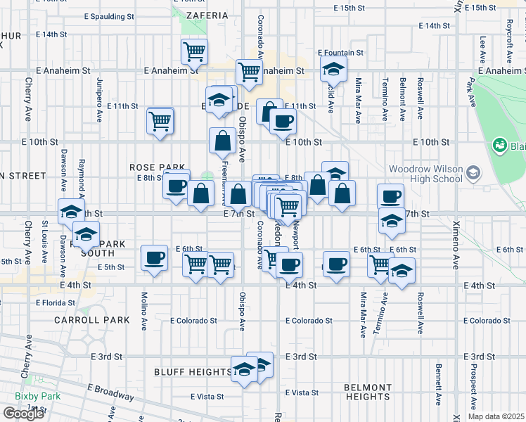 map of restaurants, bars, coffee shops, grocery stores, and more near 3307 East 7th Street in Long Beach