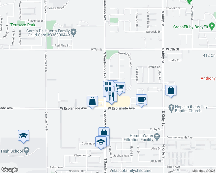 map of restaurants, bars, coffee shops, grocery stores, and more near 769 Sweet Clover Loop in San Jacinto