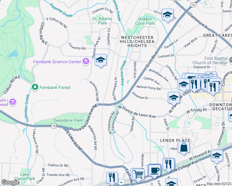 map of restaurants, bars, coffee shops, grocery stores, and more near 687 North Parkwood Road in Decatur
