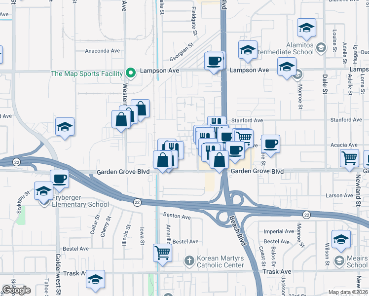 map of restaurants, bars, coffee shops, grocery stores, and more near 12739 Mistybrook Circle in Stanton