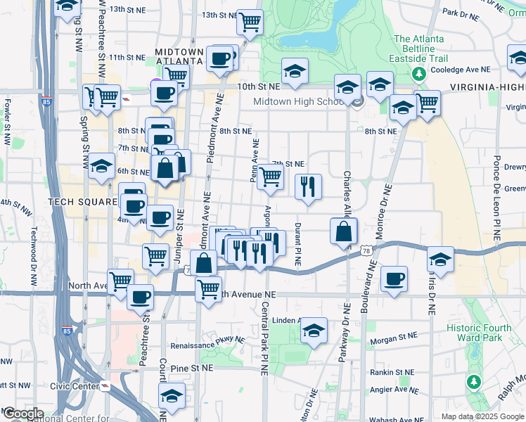 map of restaurants, bars, coffee shops, grocery stores, and more near 764 Argonne Avenue Northeast in Atlanta