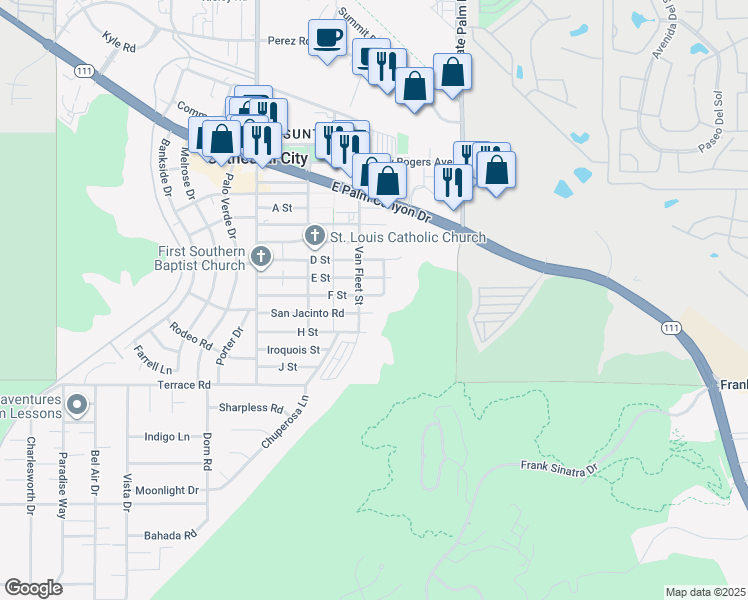 map of restaurants, bars, coffee shops, grocery stores, and more near 68789 F Street in Cathedral City