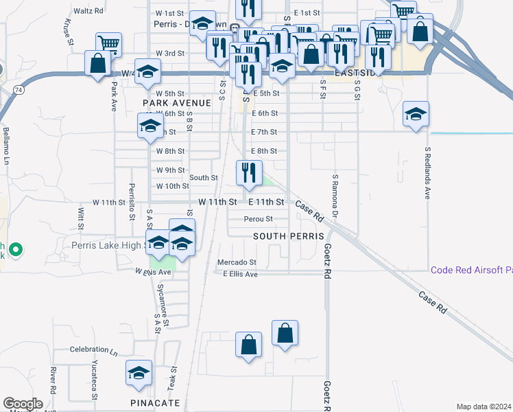map of restaurants, bars, coffee shops, grocery stores, and more near 129 East 11th Street in Perris