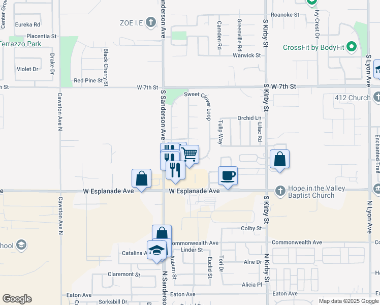 map of restaurants, bars, coffee shops, grocery stores, and more near 2190 Lavender Court in San Jacinto