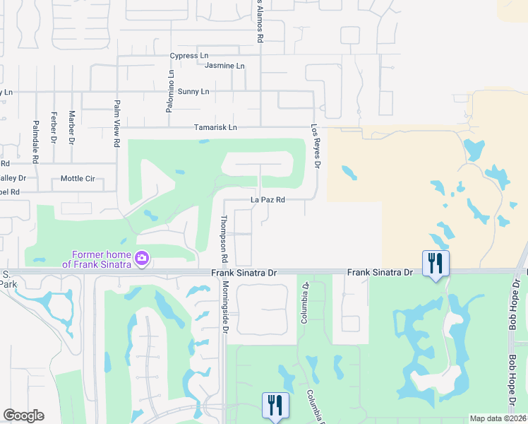 map of restaurants, bars, coffee shops, grocery stores, and more near 3 Bravo Court in Rancho Mirage