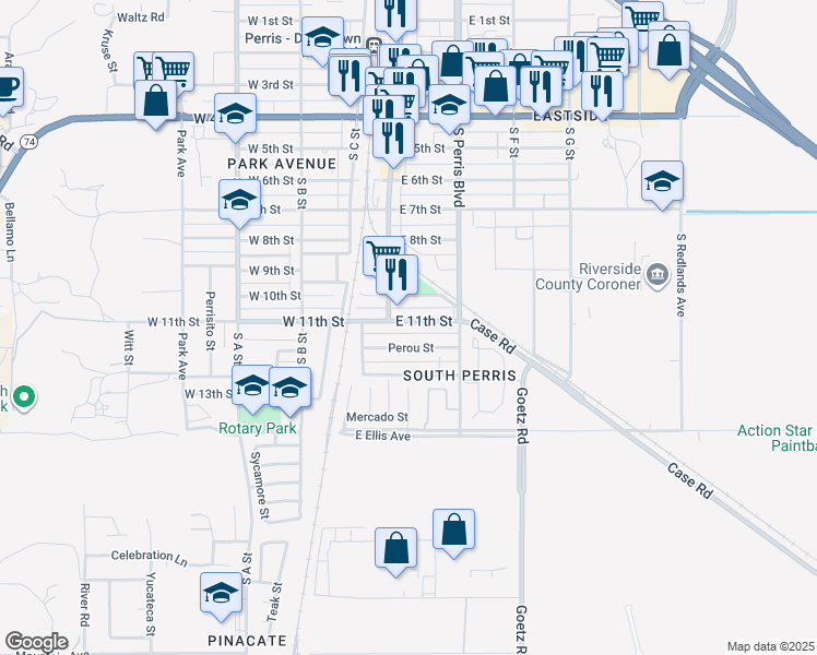 map of restaurants, bars, coffee shops, grocery stores, and more near 129 East 11th Street in Perris