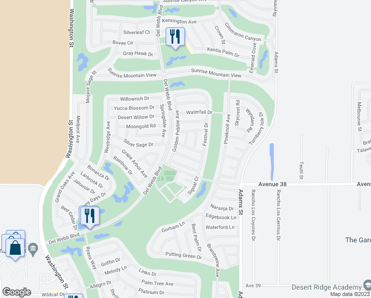 map of restaurants, bars, coffee shops, grocery stores, and more near 78571 Hidden Palms Drive in Palm Desert