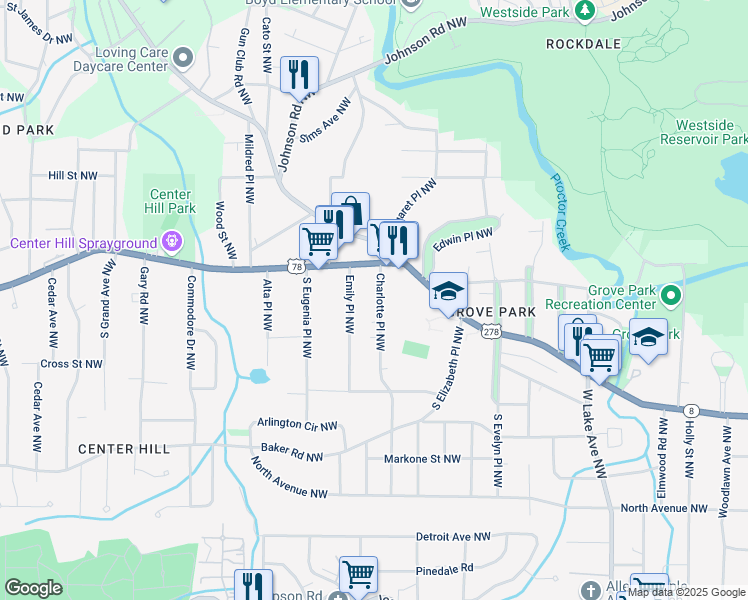 map of restaurants, bars, coffee shops, grocery stores, and more near 748 Charlotte Place Northwest in Atlanta