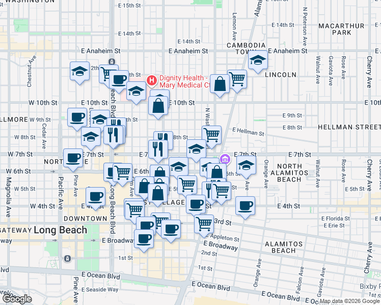 map of restaurants, bars, coffee shops, grocery stores, and more near 739 East 7th Street in Long Beach