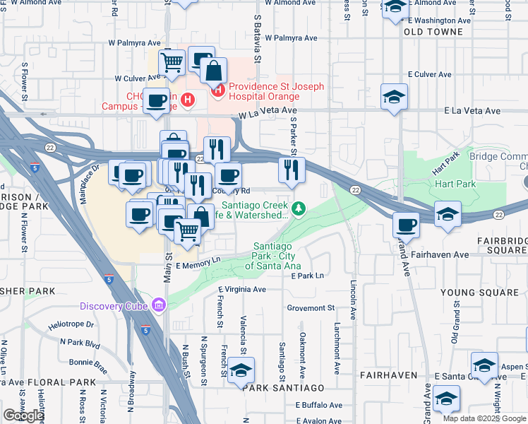 map of restaurants, bars, coffee shops, grocery stores, and more near 900 Town and Country Road in Orange