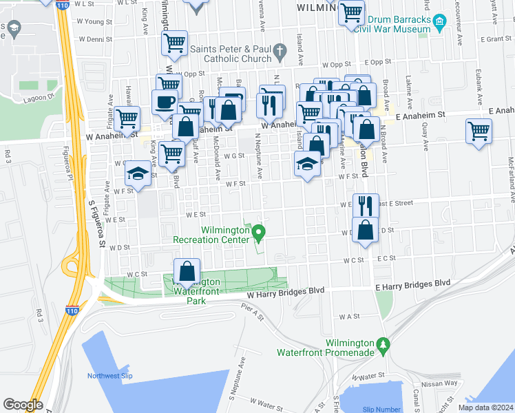 map of restaurants, bars, coffee shops, grocery stores, and more near 605 West E Street in Los Angeles