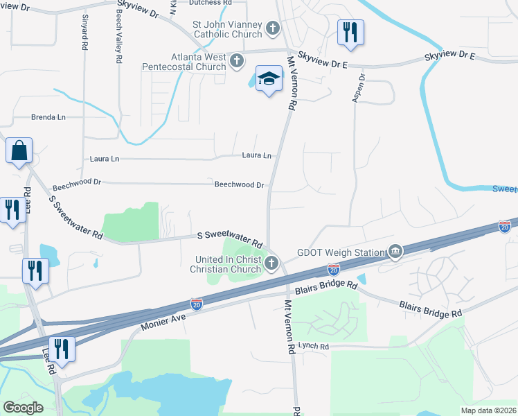 map of restaurants, bars, coffee shops, grocery stores, and more near 7365 Mount Vernon Road in Lithia Springs