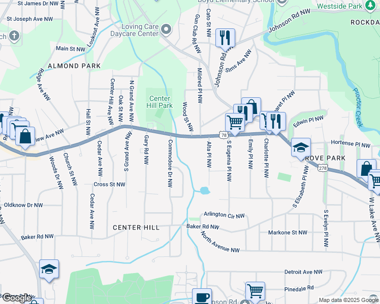 map of restaurants, bars, coffee shops, grocery stores, and more near 2174 Donald Lee Hollowell Parkway Northwest in Atlanta