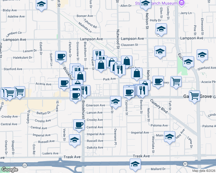 map of restaurants, bars, coffee shops, grocery stores, and more near 10371 Garden Grove Boulevard in Garden Grove