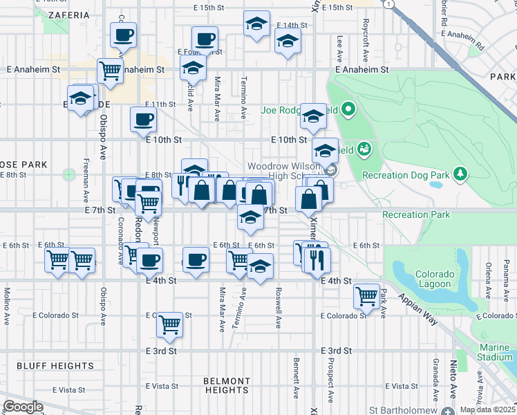 map of restaurants, bars, coffee shops, grocery stores, and more near 4037 East 7th Street in Long Beach