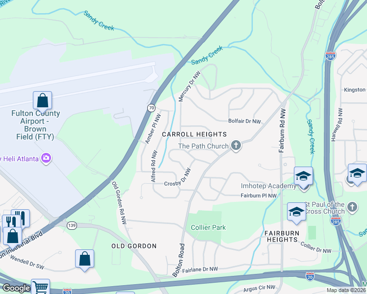 map of restaurants, bars, coffee shops, grocery stores, and more near 3687 Clovis Court Northwest in Atlanta