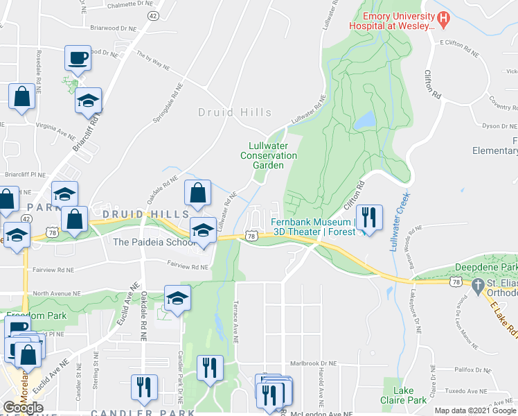 map of restaurants, bars, coffee shops, grocery stores, and more near 52 Lullwater Estate Northeast in Atlanta