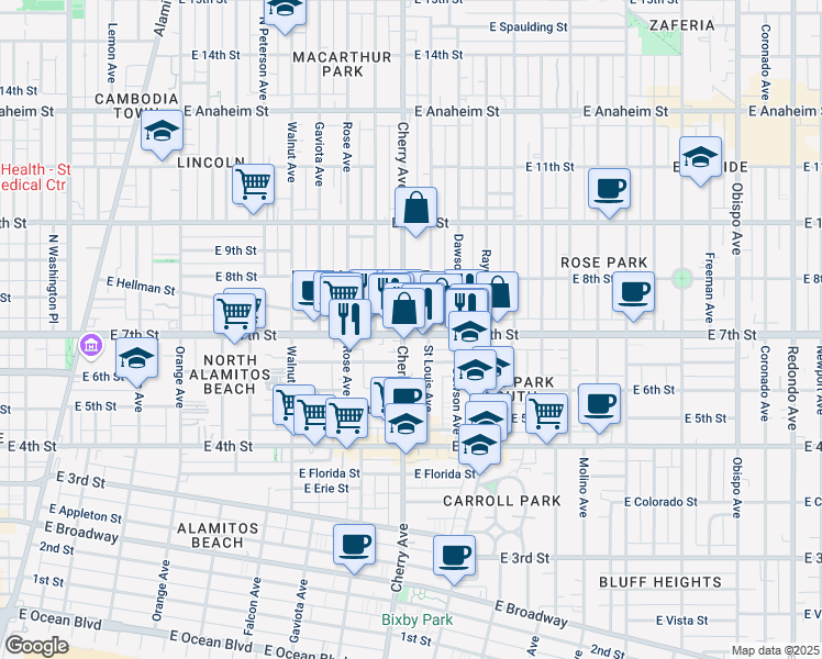 map of restaurants, bars, coffee shops, grocery stores, and more near 2011 East 7th Street in Long Beach