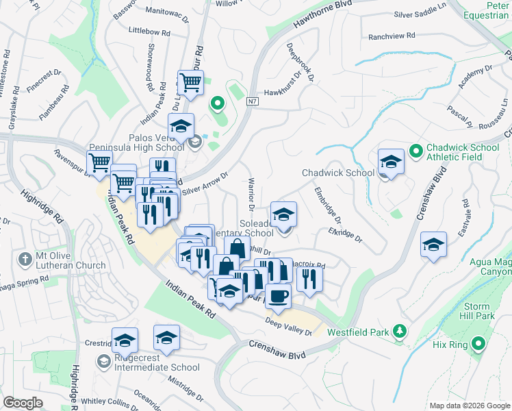 map of restaurants, bars, coffee shops, grocery stores, and more near 27522 Warrior Drive in Rancho Palos Verdes