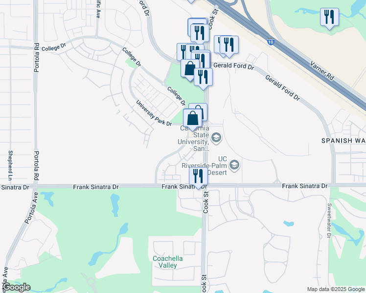 map of restaurants, bars, coffee shops, grocery stores, and more near 37560 College Drive in Palm Desert