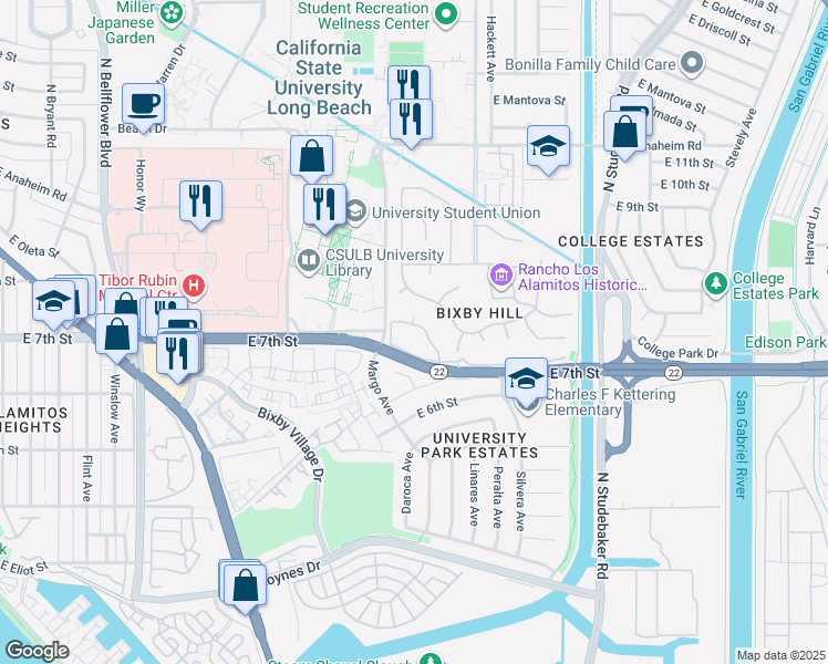 map of restaurants, bars, coffee shops, grocery stores, and more near 6201 Riviera Circle in Long Beach