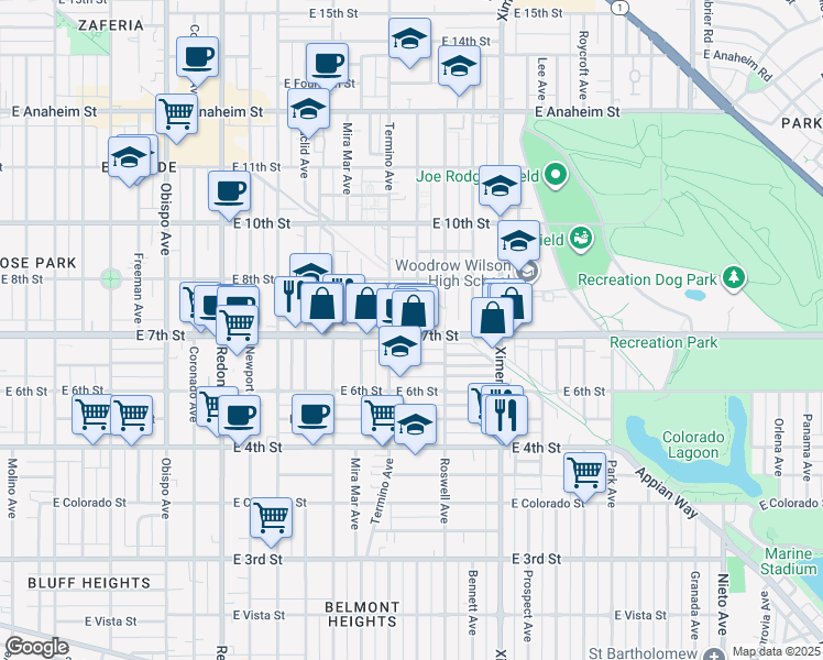 map of restaurants, bars, coffee shops, grocery stores, and more near 4037 East 7th Street in Long Beach