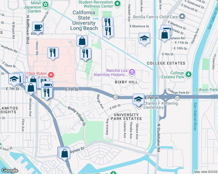 map of restaurants, bars, coffee shops, grocery stores, and more near 6201 Riviera Circle in Long Beach