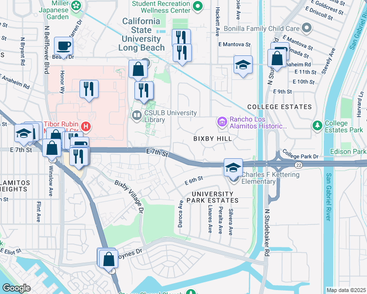 map of restaurants, bars, coffee shops, grocery stores, and more near 6272 Riviera Circle in Long Beach