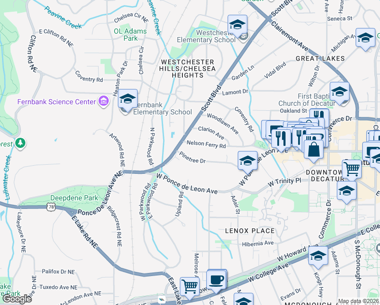 map of restaurants, bars, coffee shops, grocery stores, and more near 823 Pinetree Drive in Decatur