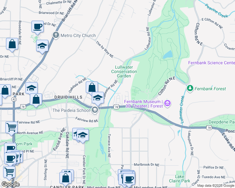 map of restaurants, bars, coffee shops, grocery stores, and more near 52 Lullwater Estate Northeast in Atlanta