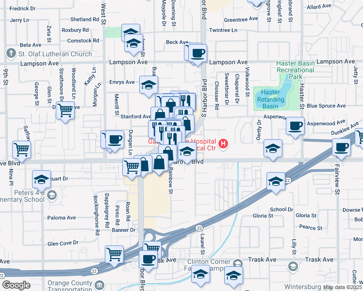 map of restaurants, bars, coffee shops, grocery stores, and more near 12392 El Rey Place in Garden Grove
