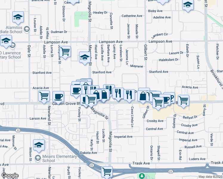 map of restaurants, bars, coffee shops, grocery stores, and more near 12891 Shackelford Lane in Garden Grove