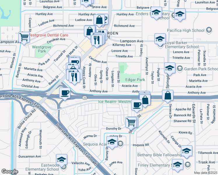 map of restaurants, bars, coffee shops, grocery stores, and more near 12871 Chase Street in Garden Grove