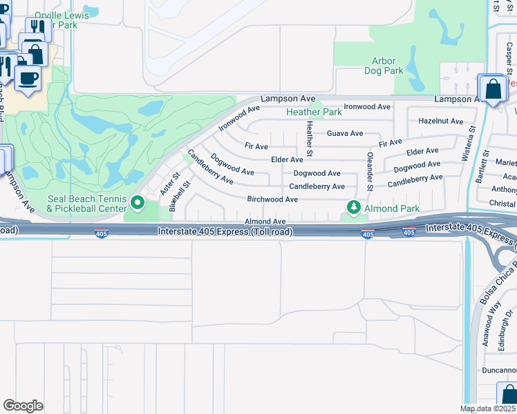 map of restaurants, bars, coffee shops, grocery stores, and more near 3561 Daisy Street in Seal Beach