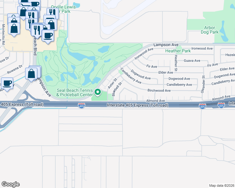 map of restaurants, bars, coffee shops, grocery stores, and more near 3557 Camelia Street in Seal Beach