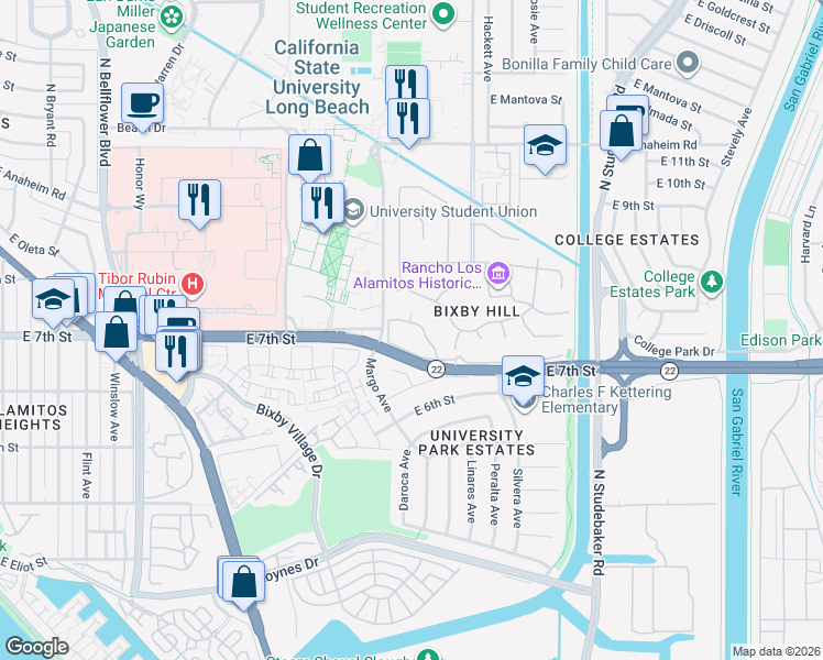 map of restaurants, bars, coffee shops, grocery stores, and more near 6201 Riviera Circle in Long Beach