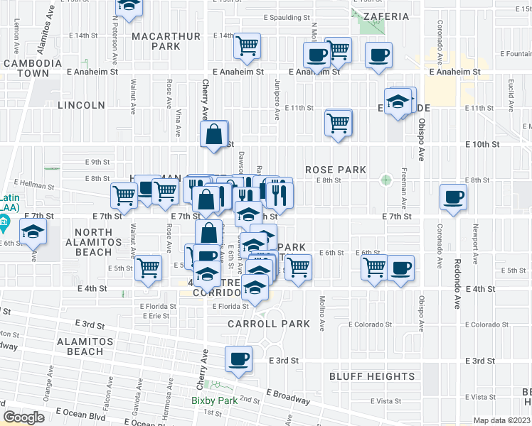 map of restaurants, bars, coffee shops, grocery stores, and more near 2317 East 7th Street in Long Beach