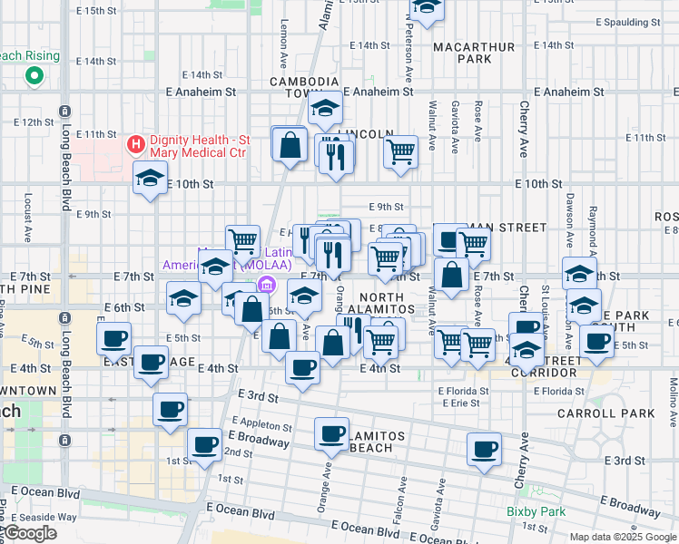 map of restaurants, bars, coffee shops, grocery stores, and more near 1215 East 7th Street in Long Beach