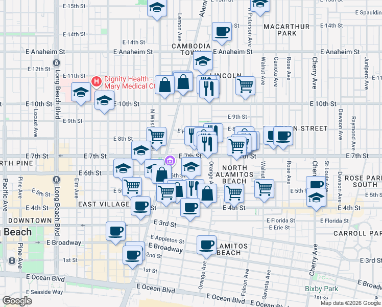 map of restaurants, bars, coffee shops, grocery stores, and more near 1041 East 7th Street in Long Beach