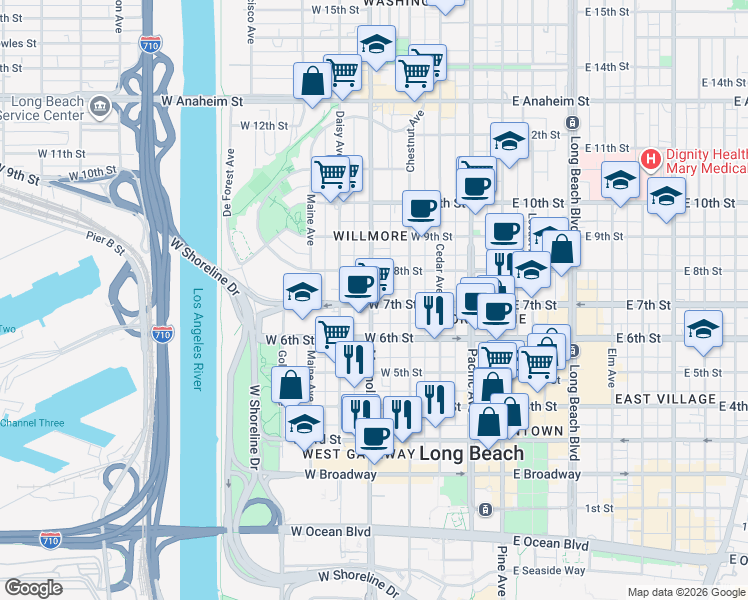 map of restaurants, bars, coffee shops, grocery stores, and more near 519 West 7th Street in Long Beach