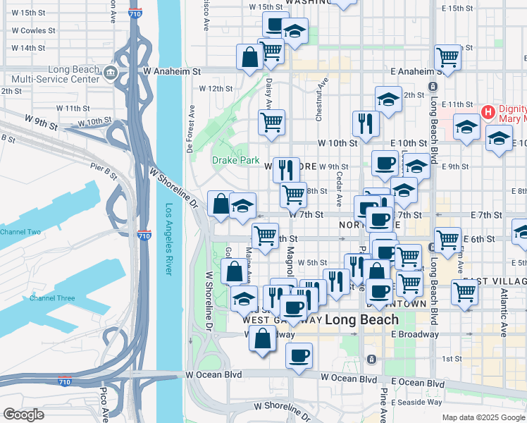 map of restaurants, bars, coffee shops, grocery stores, and more near 619 West 7th Street in Long Beach