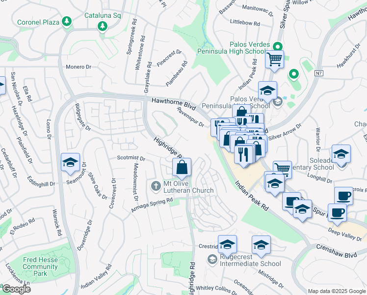 map of restaurants, bars, coffee shops, grocery stores, and more near 28125 Peacock Ridge Drive in Rancho Palos Verdes